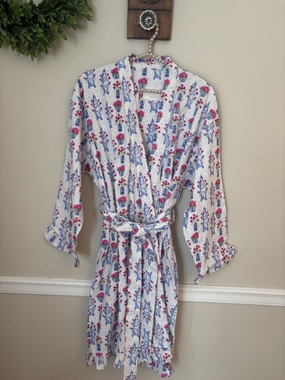 The Giddy Paperie Womens Tulipiere Cotton Robe White Blue Pink One Size